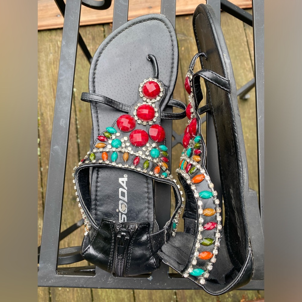 Soda Black Sandals with Red and Multicolor Accents